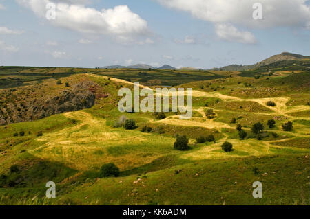 Die wilde und zerklüftete Landschaft des akamas Naturschutzgebiet Paphos Zypern mit Olivenbäumen und kleine Felder von Weizen schwierige Landwirtschaft, Stockfoto