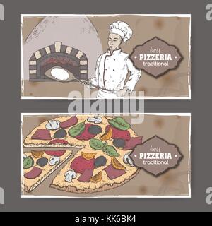 Zwei Landschaft Farbe pizzeria Labels mit Bäcker, Backofen und Pizza auf Karton. Stock Vektor