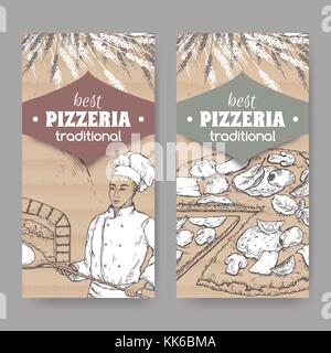 Zwei pizzeria Labels mit Bäcker, Backofen und Pizza auf Karton. Stock Vektor