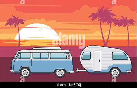 Retro Van mit Camper Trailer und abends am Strand Stock Vektor