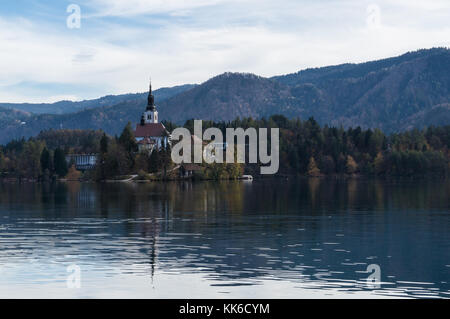 See von Bled berühmte Insel und Kirche gesehen vom Ufer Stockfoto