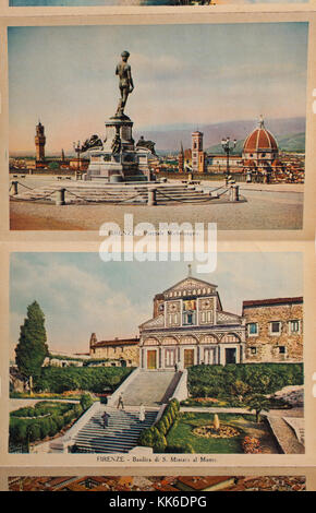 Streifen von alten Postkarten von Florenz, Italien mit Panorama von Piazzale Michelangelo mit Santa Maria del Fiore im Hintergrund. Eine weitere Postkarte Stockfoto