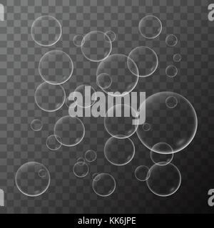 Vector Illustration einer Reihe von Seifenblasen mit Reflexion auf einem transparenten Hintergrund isoliert Stock Vektor