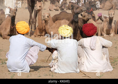 Kamelhirten/Händler an der Pushkar Kamel und Pferd Messe in Pushkar, Rajasthan, Indien Stockfoto