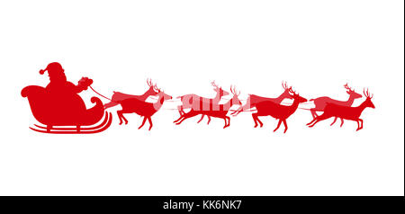 Vector Illustration von Santa fliegen in einem Schlitten mit Rentieren. Red Silhouette von Santa in dem Schlitten isoliert auf weißem Hintergrund. Design für Weihnachten ein Stockfoto