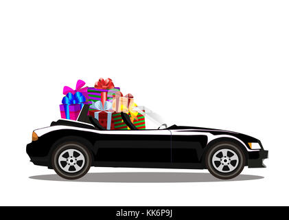 Luxus schwarz Moderne cartoon Cabriolet Auto voll von geschenkboxen auf transparentem Hintergrund isoliert. Sport Auto. Vector Illustration. Clip Art. Stockfoto