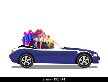 Dunkelblau moderne cartoon Cabriolet Auto voll von geschenkboxen auf weißem Hintergrund. Sport Auto. Vector Illustration. Clip Art. Stockfoto