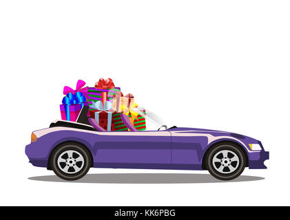 Violett moderne cartoon Cabriolet Auto voll von geschenkboxen auf weißem Hintergrund. Sport Auto. Vector Illustration. Clip Art. Stockfoto