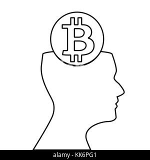 Schwarzer umriss Silhouette der menschlichen Kopf mit Zeichen der bitcoin innen auf weißem Hintergrund. Vector Illustration, Symbol, Clip Art, Emblem. Stockfoto