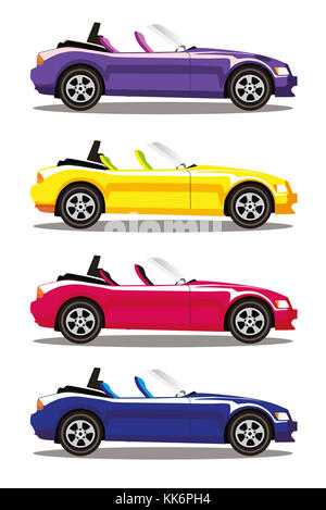 Moderne cartoon farbige Cabrio Autos auf weißem Hintergrund. Sportwagen. Blau, gelb, rot und violett Autos. Flache Vector Illustration. C Stockfoto