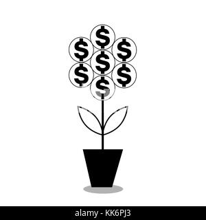 Schwarzes Symbol von Dollar Blume im Topf. Vector Illustration, Silhouette, Clipart auf weißem Hintergrund. Stockfoto