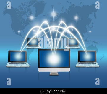 Anschluss von Laptops und Computer über Erde und Weltkarte mit Netzwerk Linie Hintergrund, Elemente dieses Bild von der Nasa eingerichtet, Business Netzwerk con Stockfoto