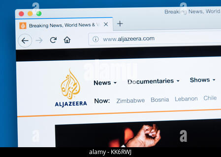 LONDON, GROSSBRITANNIEN, 22. November 2017: Die Homepage der Offizielle Website der Al Jazeera Media Network - im Nahen Osten multinationale Multimedia c Stockfoto