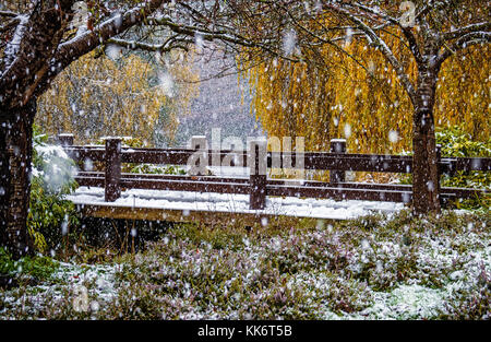Große Schneeflocken fallen auf grüne Bäume und Gras, die Brücke überquert das Bild Stockfoto
