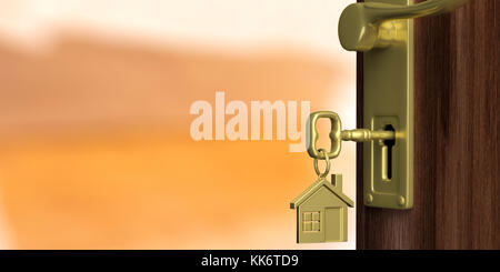 Wohnung oder Haus Tür mit halb geöffneten Tür, leere orange hinterlegt. 3D-Darstellung Stockfoto