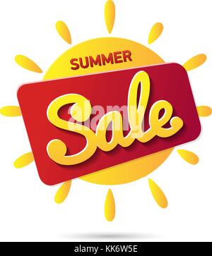 Die gelbe Sonne mit dem Summer Sale text isoliert auf weißem Hinterg Stock Vektor