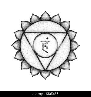 Vektor fünften vishuddha Hals- Chakra sanskrit Saatgut mantra Schinken Hinduismus Silbe Lotusblüten. dot arbeiten Tattoo Style Hand gezeichnet Schwarz monochrome Symbol Stock Vektor