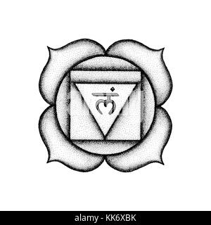 Vektor erste Wurzel chakra Sanskrit muladhara Saatgut mantra lam Hinduismus Silbe Lotusblüten. dot arbeiten Tattoo Style Hand gezeichnet Schwarz monochrome Symbol w Stock Vektor