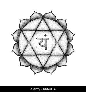 Vektor 4 Herz chakra Sanskrit Anahata Saatgut mantra yam Hinduismus Silbe Lotusblüten. dot arbeiten Tattoo Style Hand gezeichnet Schwarz monochrome Symbol w Stock Vektor
