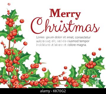 Flache Mistel dekorativ. Zweige mit roten Beeren grüne Blätter. christmas Ornament. Vector Illustration auf weißem Hintergrund. mit Platz Stock Vektor