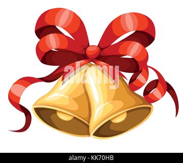 Golden christmas bell mit rotem Band und Bogen. Weihnachten Dekoration. Jingle bells Symbol. Vector Illustration auf weißem Hintergrund. Web site Seite und Stock Vektor