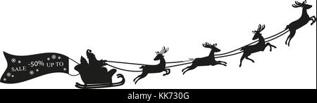 Santa claus Fliegen mit Rotwild und Verkauf Abschlag bis 50 Verkauf text Banner. schwarze Silhouette auf weißem Hintergrund. Vector Illustration Stock Vektor