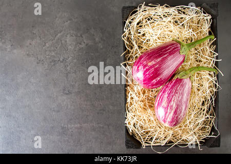 Gesund und lecker lila Auberginen auf dem Stroh. dunklen Hintergrund Stockfoto