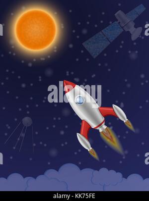 Weltraumrakete retro Raumschiff durch den Sternenhimmel Vektor-illustration fliegen Stock Vektor