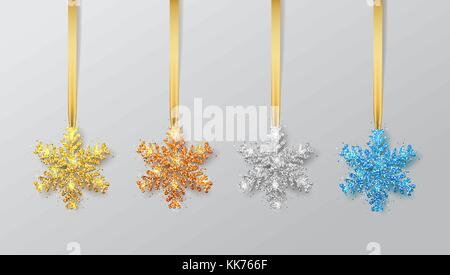 Set Schneeflocken auf einem Ribbon. Grußkarte, Einladung mit Happy Stock Vektor