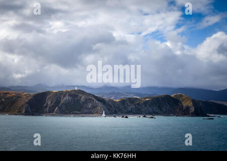 Leuchtturm auf Felsen in der Nähe von Wellington, Neuseeland Stockfoto