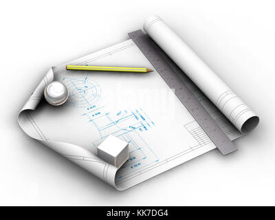 3D-Render Baupläne mit Bleistift Stockfoto