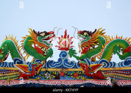Chinesische Drachen auf dem Dach des Heiligtums mit schönen Himmel Hintergrund Stockfoto