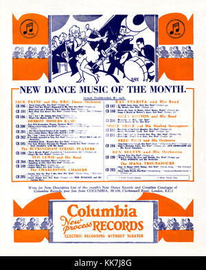 Ein Werbespot von 1931 für Columbia Records. Es erschien im britischen Musikmagazin Melody Maker. Der Werbespot zeigt eine Tänzerin, die vor einer Swing-Band mit der Bläsergruppe und dem Schlagzeuger steht. Es fördert die Tanzmusik des Monats – hauptsächlich Big-Band-Musik, darunter Jack Payne und sein BBC Dance Orchestra und Billy Cotton und seine Band mit Musik auf 10 Zoll doppelseitigen Discs Stockfoto