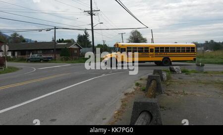 Im Schuljahr fahren täglich rund 25 Busse durch diese Kreuzung. Es ist auch eine geplante US-Fahrradroute (87), die sich, wenn sie genehmigt wird, über den gesamten Bundesstaat Washington erstrecken wird. SR 9 an der Kreuzung Francis Road Verbesserungen 36967296231 o Stockfoto