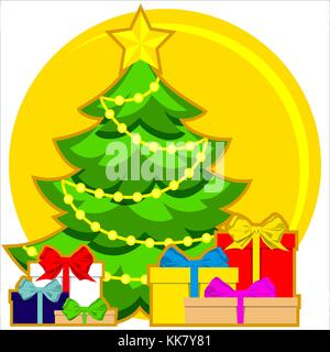 Thema Weihnachten farbenfrohen Plakat mit Xmas Tree, Stern, girlande Licht und Haufen von präsentiert. Stock Vektor