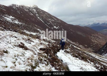 Einsame männliche fellwaker auf einem Pfad in das rigg Beck Tal in Richtung Wainwright causey Hecht in den Schnee, Nationalpark Lake District, Cumbria, Stockfoto