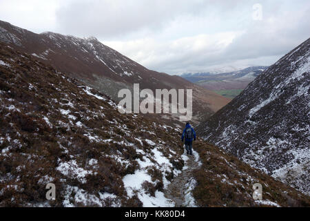 Einsame männliche fellwaker auf einem Pfad in das rigg Beck Tal in Richtung Wainwright causey Hecht in den Schnee, Nationalpark Lake District, Cumbria, UK. Stockfoto