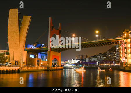 Nachtsicht auf die Mündung von Bilbao mit der Brücke La Salve. Stockfoto