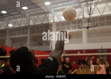 Us-Armee Soldaten üben für die Sitzung Volleyball Event für die Pacific Regional Studien an Schofield Barracks, Honolulu, Hawaii an November 7, 2017. Pacific Regional Studien, bewirtet durch die Krieger Übergang Bataillon an Schofield Barracks, umfasst, Verwundete, Kranke und verletzte Soldaten aus dem WTBs bei Joint Base Lewis-McCord und Schofield Barracks. (U.S. Armee Foto: Staff Sgt. Daniel Luksan) Stockfoto