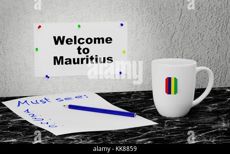 Große Tasse und Label an der Wand mit Text Willkommen auf Mauritius. 3D-Rendering. Stockfoto