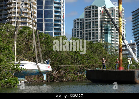 Response Crews heben ein Segelschiff aus roten Mangroven im Peacock Park in Miami, 8. November 2017. Emergency Support Function 10 (ESF-10) Florida, die von der Environmental Protection Agency, Florida Fish and Wildlife Conservation Commission und der US-Küstenwache besteht, arbeitet mit Öl Spill Response Organisationen Schiffe zu entfernen, die beschädigt wurden und durch Hurrikan Irma verdrängt. Foto der US-Küstenwache vom Kleinoffizier der 2. Klasse Michael Himes. Stockfoto