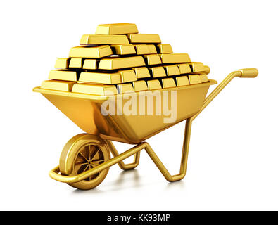 Schubkarre voller Gold auf weißem Hintergrund. 3D-Darstellung. Stockfoto