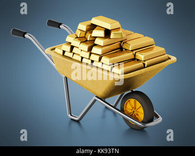 Schubkarre voller Gold auf blauem Hintergrund. 3D-Darstellung. Stockfoto