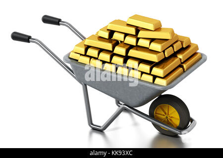 Schubkarre voller Gold auf weißem Hintergrund. 3D-Darstellung. Stockfoto