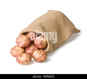 Rohe Kartoffeln in einer hessischen Sack auf einen weißen Hintergrund mit Freistellungspfad isoliert Stockfoto