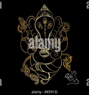 Hindu Gott ganesha. golden ganapati. Vektor handgezeichnete Illustrationen. Meditation im Lotussitz Stock Vektor