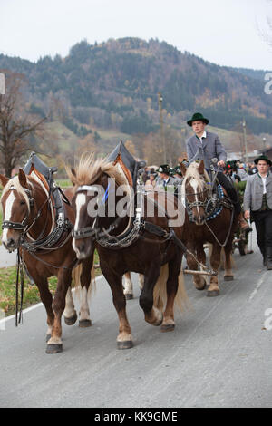 Schliersee, Bayern - November 5, 2017: Jedes Jahr am ersten Sonntag im November, die idyllische Pferd Prozession, namens Leonhardi im bayerischen Schliersee Stockfoto