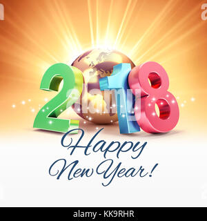 Grüße und buntes neues Jahr Datum 2018, komponiert mit einem gold Planet Erde, an einem sonnigen Hintergrund - 3 Abbildung d Stockfoto