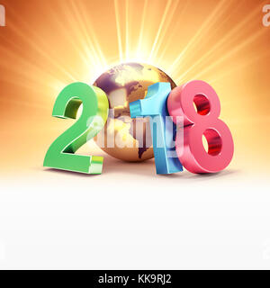 Buntes neues Jahr Datum 2018, komponiert mit einem gold Planet Erde, an einem sonnigen Hintergrund - 3D-Darstellung Stockfoto