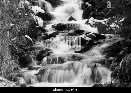 Schöne schwarze und weiße Schuß eines Mountain Creek unten hetzen und bilden kleine Kaskaden (lange Belichtung) Stockfoto